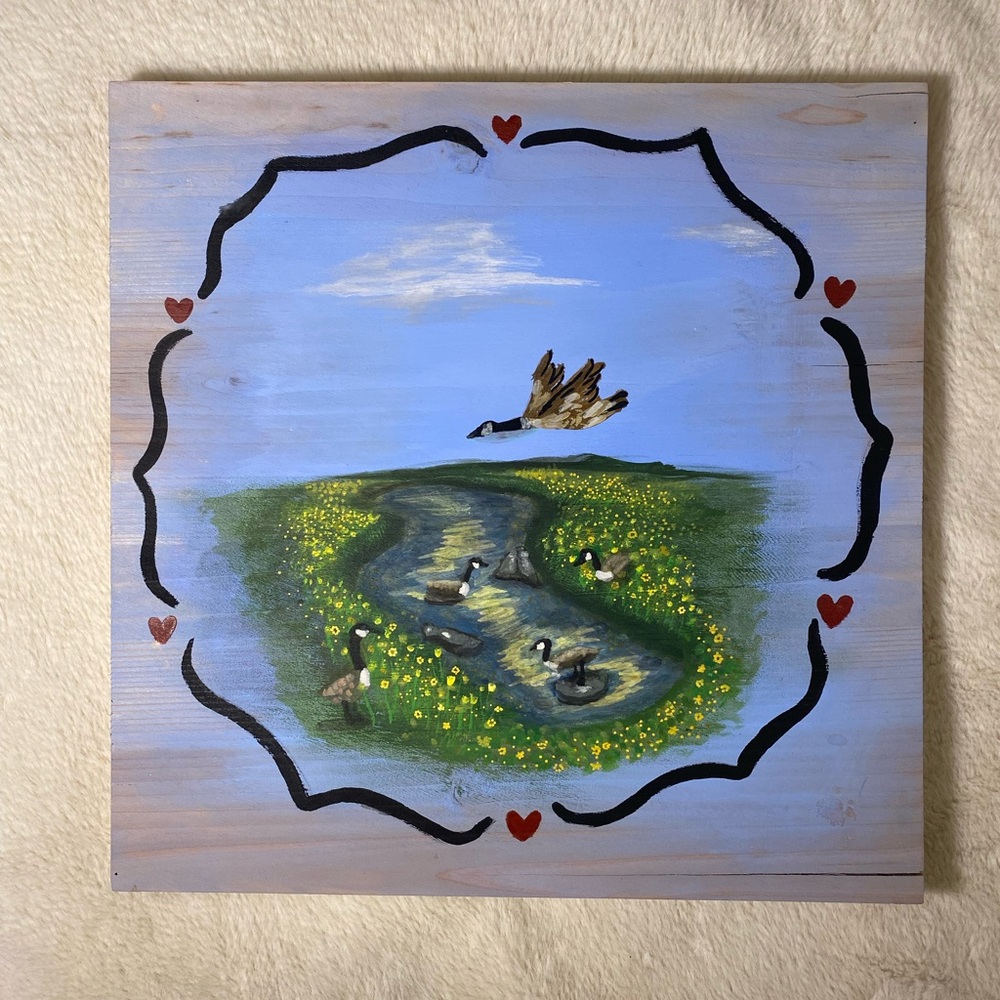 Canadian Goose Original Painting Wooden Vintage-Style 12x12in